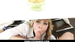 Nasty cutie is sucking shlong like a bitch, from underneath the table, during a family lunch