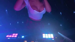 Oral job behind the DJ decks - Large Boobed Hottie clothed as schoolgirl gets nasty