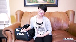 Slim Short Haired Jae Scott Squirts All Over The Daybed!