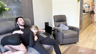 I spy my boyfriend screwing his lewd coworker. Mi joins and licks the cum off her vagina