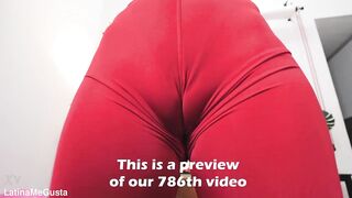 ASTONISHING Pear-Shaped Booty Slender Chick Puffy Cameltoe in Taut Red Leggings!