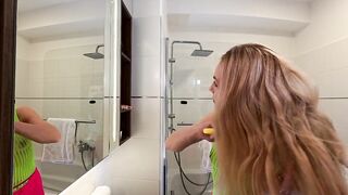 Electronic music festival lover small golden-haired festival wench goes no pants in her fishnets rave party outfit