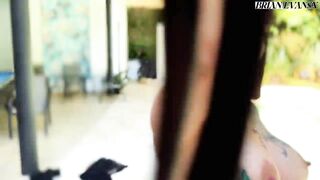 Pequitas is a hot, tattooed Mexican woman who seduces Brian Evansx in the pool until they have sex