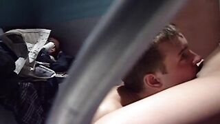 Unshaved brunette hair sucks and bangs weenie on the teach with a voyeur