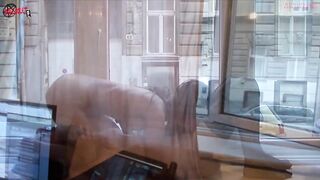 2 admirable  have sex by the window so people could have a fun the view