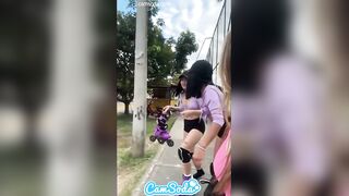 Nasty Latinas Flash Boobs in Public - In advance of Lesbo Three-some with Trickling Snatches