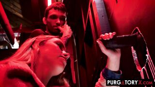 Sexy golden-haired wife sucks a BBC in front of her spouse at a gloryhole