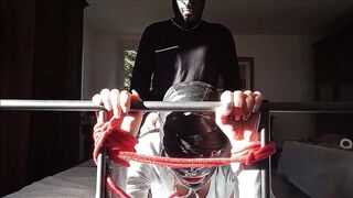 Tied in a daybed I've all my holes roughly drilled by a large dong front view PREVIEW