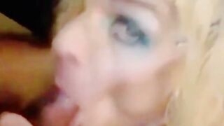 CD performs an incredible deepthroat and receives milk in her throat.