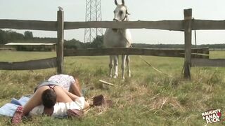 A voluptuous golden-haired cowgirl performs unfathomable oral and engages in intensive booty-ramming.