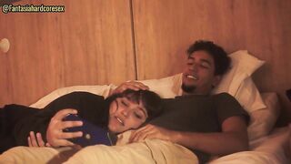 My stepsister lies down on my lap and lets me put my knob in her throat