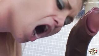 A voluptuous blond mother engages in a vigorous three-some with big boy genitalia.