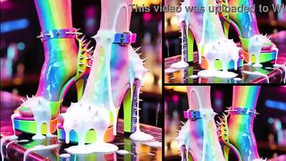 High-Heels Fetish, tons of cum on leg, feet and heels, public in a nightclub bar, standing on a counter, shoes full of goo