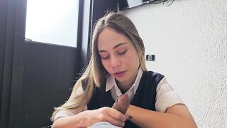 A uniformed student arrives home late and her stepfather punishes her by thrashing her.