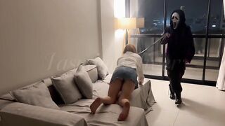 A masked stranger ties me by the neck and makes me suck her thong-on