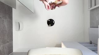 Hawt gal cute golden-haired lustful hotty in pink pants and with a satin nightie does the washroom routine previous to gonna the daybed