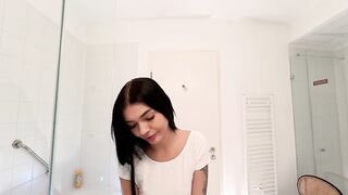 Sexy hot slender taut twat cutie in the baths prepares for night out in a pink cut mini petticoat