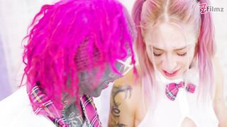 Schoolgirl shemale bangs classmate with tattooed penis! ANAL gapes, Cum overspread booty