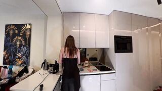 Hawt hawt lengthy legs brunette hair wife in ebony and red fishnet nylons with a satin nightie teases in the kitchen