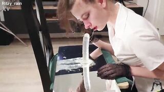 Ritzy Rain Takes A Deepthroat Exam On Top Of Mirror And Gets Mouth Drilled With O-Ring Throat Gag
