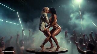 [AI-generated] Future Rave Erotic Party: Bare Pierced DJ Squeezing Her Breasts, Sexy Ravers Giving a kiss Wildly in Abandoned Factory