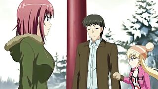 Golden-haired anime woman rides shlong in trio