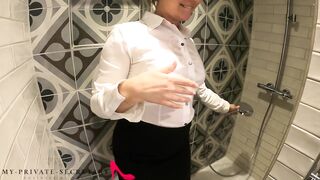 my intimate secretary in business costume having joy with the boss in the shower