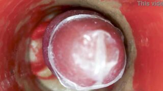 The camera inside the unfathomable vagina records a biggest jizz flow with a stuck cock-sock