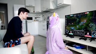 Sexy cosplay sex: getting drilled in front of the TV.