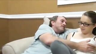 Nerdy cutie is using her soft palms to give some enjoyment to her step- father