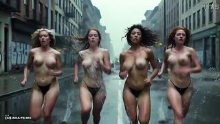 [AI-generated] Future Rave Mud Run in South Bronx - AI Cuties Racing Nearly In nature's garb with Bouncing Bazookas Getting Filthy in Rainy Streets