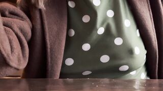 Teasing people with my teats in a sheer blouse in a restaurant having dinner