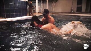 Spouse gives his breasty Lalin girl a pool and this babe cheats on him by sucking the instructor's jock