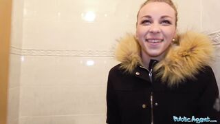 Public Agent Multiple orgasms as taut snatch stretched in public crap-house