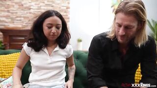 Stepdaughter Liora Vane is playing with a dildo but got interrupted by her stepdad.Stepdad makes it up to her,this chab fingers and screws the tiny teen.