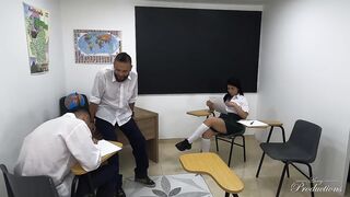 Hawt Girlfriend Seduces Classroom Nerd For Wild Sharing FMM Trio