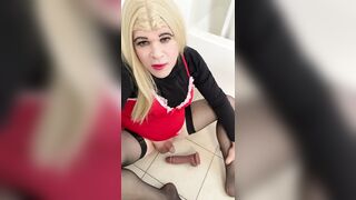 Part two Amateur Sissy Crossdresser try’s to squirt on sextoy for Dad and talks about him paying $8k for her breast implants