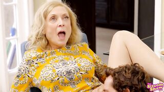 Valuable looking, older golden-haired took off her suit and had sex with a much younger dude