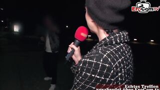 Real public flashing at street casting with unknown people