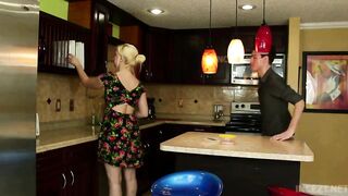 Appealing blond lady is having casual sex with her step- son, whilst in the kitchen