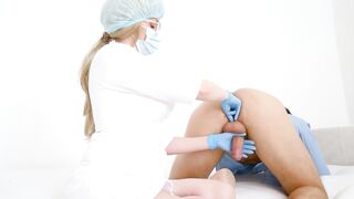 please vote!Breasty Doctor milking the prostate. Fingers in blue gloves slide into anal giving joy