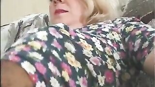 Golden-Haired Granny in Glasses and Lace Top Nylons Bangs