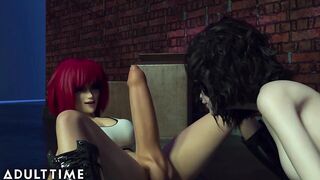 F.YOU.T.A. Sentai Squad - Large Tit Redhead's Shemale Hentai Schlong Gushes with Cum During Creampie