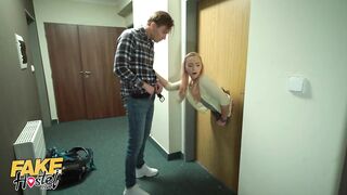 Fake Hostel Cute teen Stuck In A Door happily drilled by 2 guys