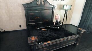 Rubber ebony latex catsuit backstage movie, haunch high boots and shiny fetish garments