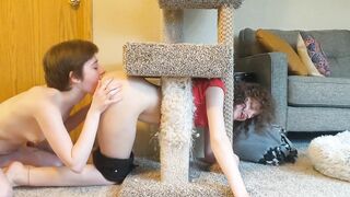 Lesbo girlfriend gets stuck in cat tree