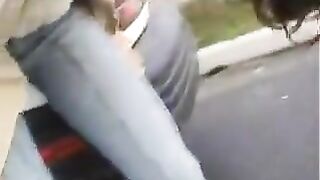 Pissing: Alexa pees her taut jeans outside