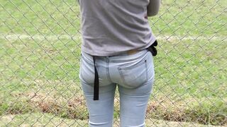 MY SHAGGY WIFE'S LARGE BOOTY, 58 YEARS OLD, EXHIBITS IT IN JEAN, FONDLED HIM, I JERK OFF