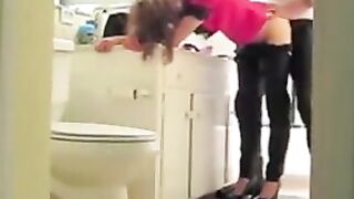 Washroom slut gets bent over washroom sink and talks bawdy