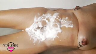 nippleringlover shaving pierced snatch - pierced breasts - extraordinary big gauge teat piercings